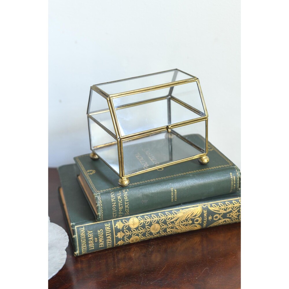 Vintage Brass and Glass Jewelry Box House Shape